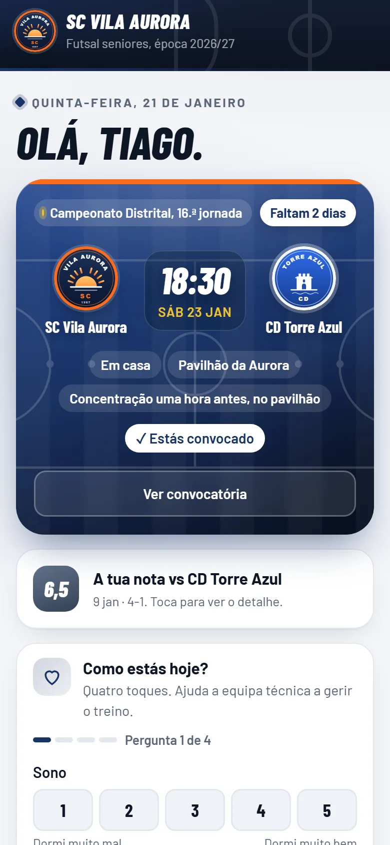 Ecrã do atleta convocado