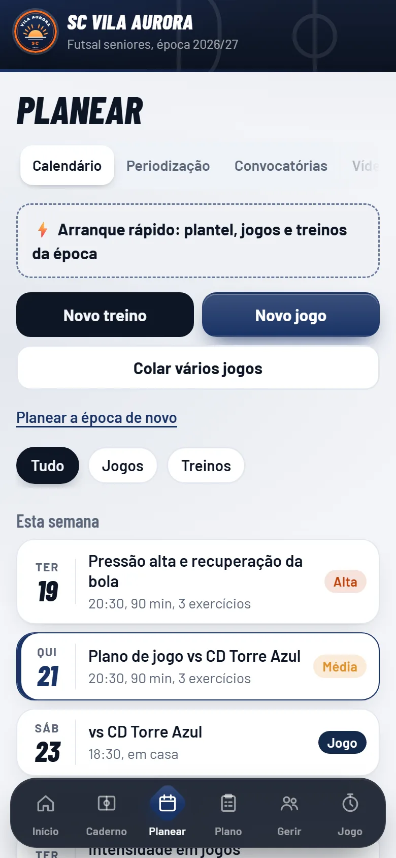 Calendário de treinos e jogos na app