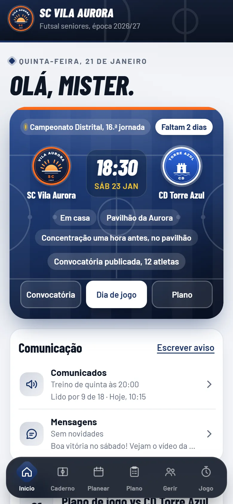 Ecrã inicial da app com o próximo jogo