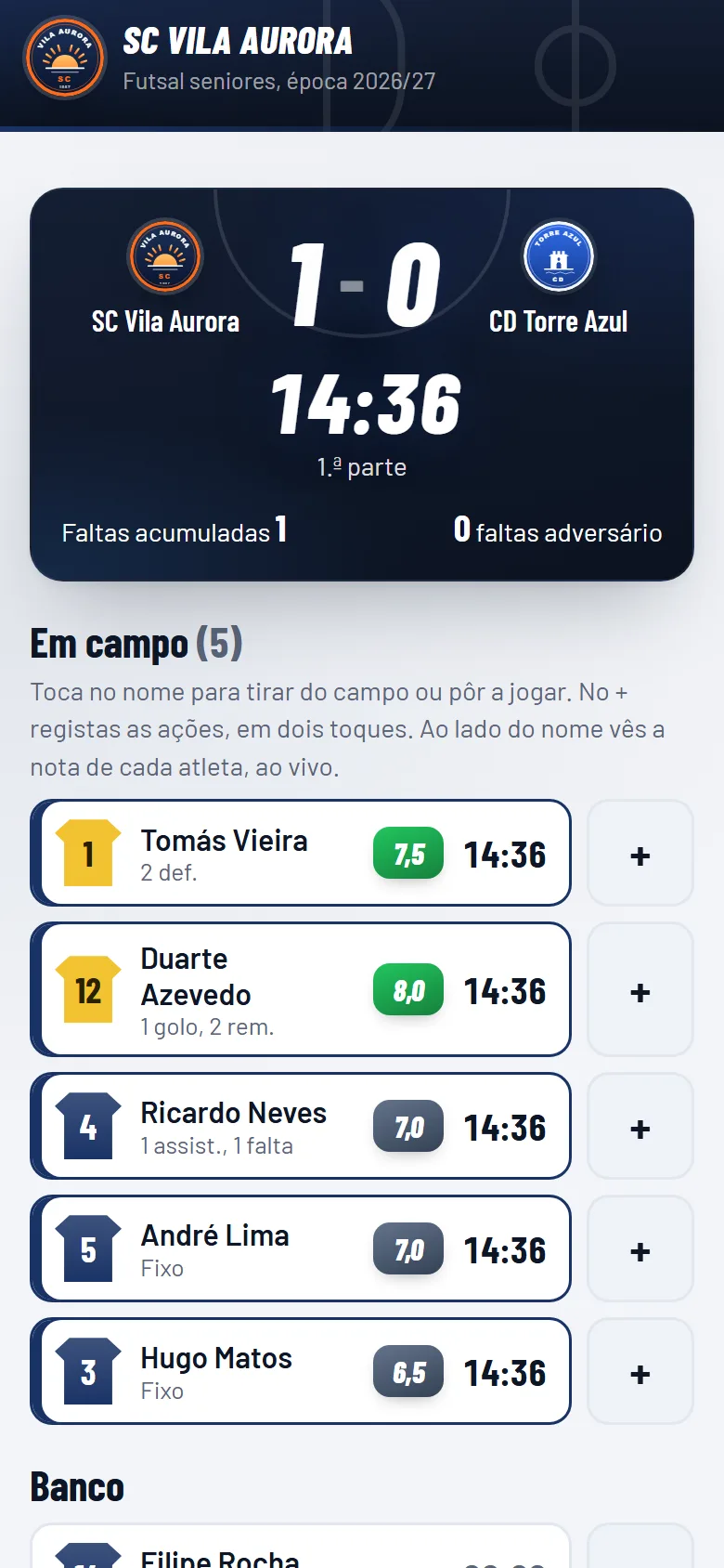 Jogo ao vivo na app, com a nota de cada atleta ao lado do nome